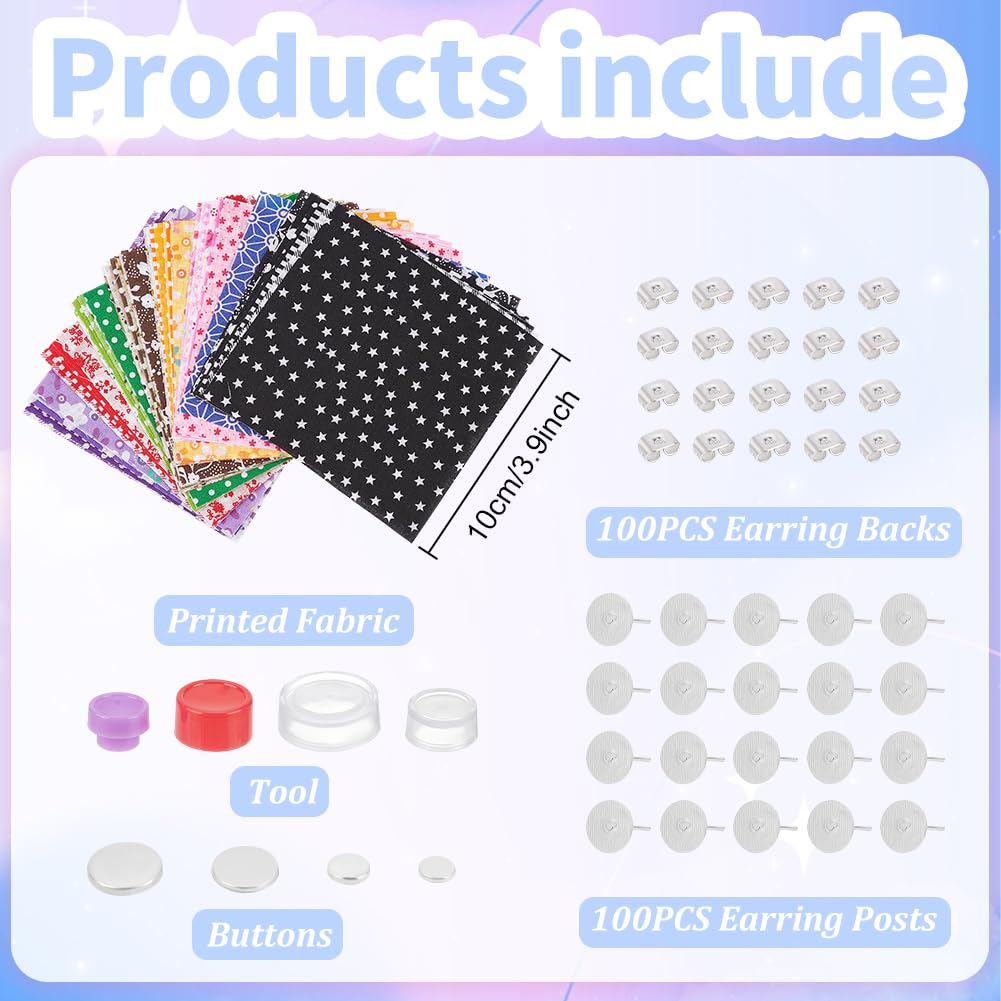 WEBEEDY 50 Set Stud Earring Kit DIY Craft Covered Button Kit with Tools Self Cover Buttons Earring DIY Kit Include 100 Stainless Steel Blank Stud for DIY Earring Making Christmas Jewelry Findings Gift