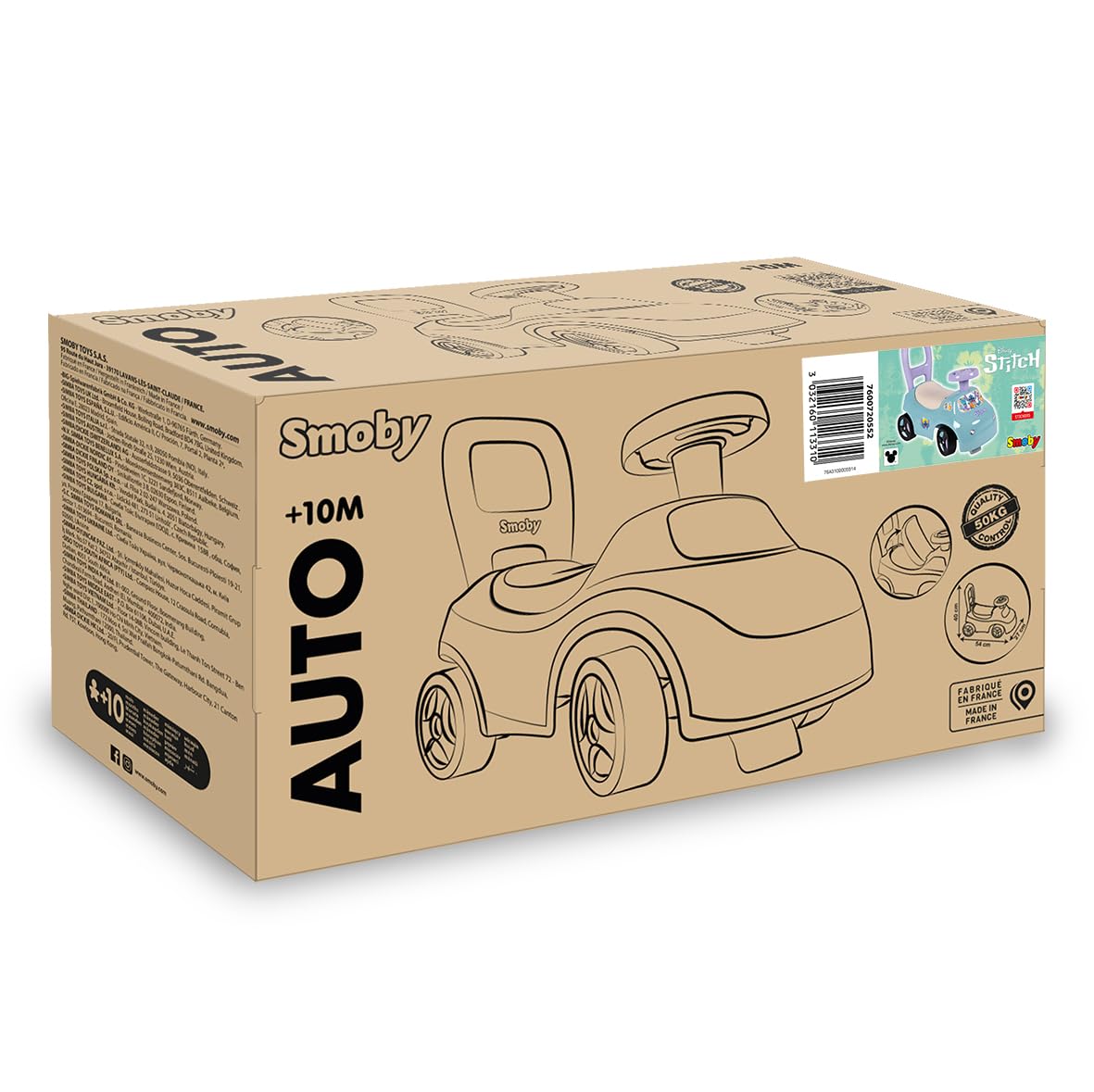 Smoby - Stitch - Auto cavalcabile - Ausilio per camminare - Volante - Vano portaoggetti sottosella - Dai 10 mesi - Prodotto in Francia