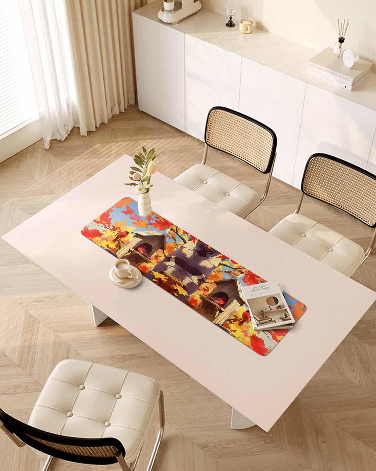 Debedcor Heat Proof Table Pads Waterproof Decorative, Fall Rustic Non-Slip Table Countertop Protector, Autumn Red Orange Maple Leaf Birds Insulation Mat for Dining Room, 48 x 12 Inches