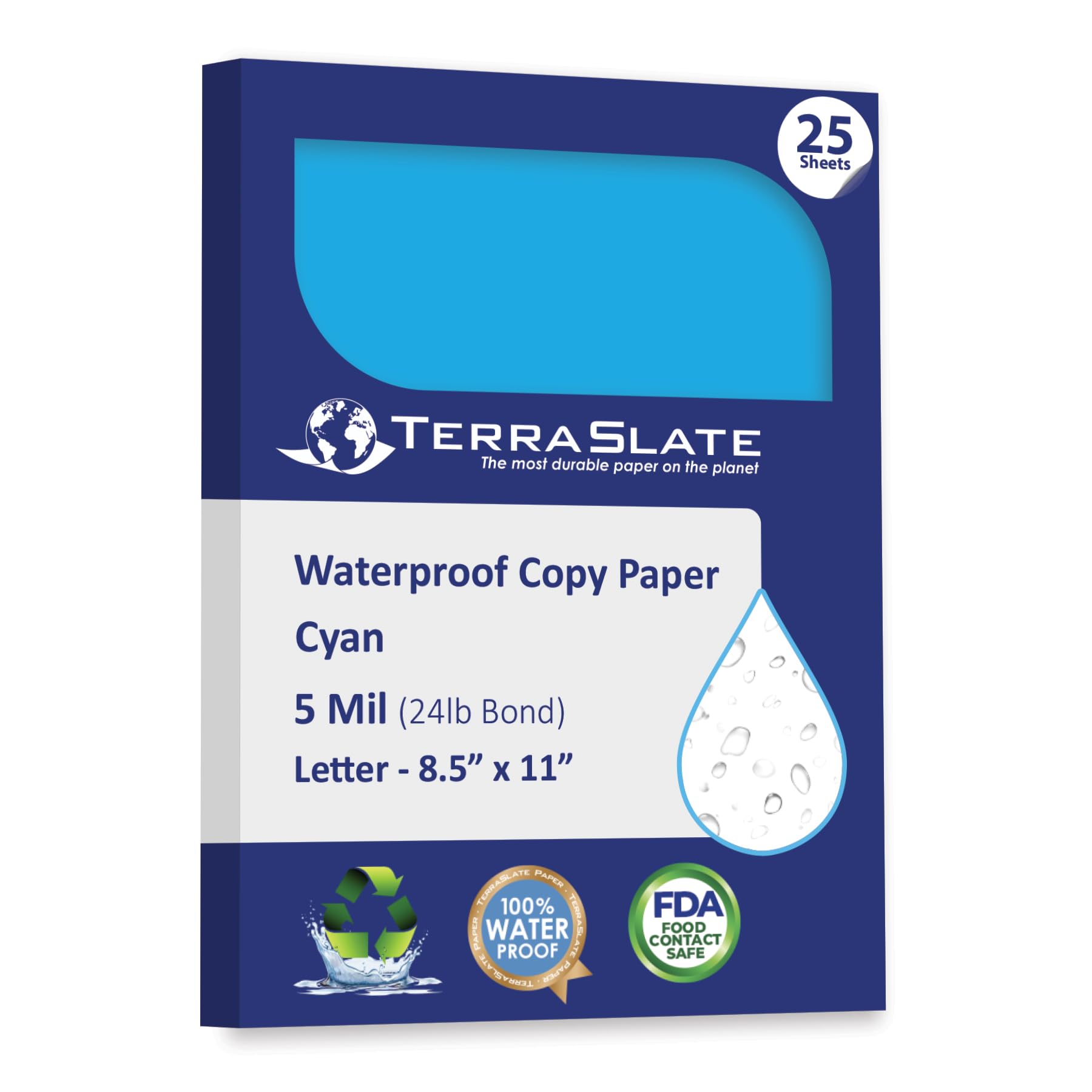 - TerraSlate Waterproof Paper, Rip-Proof Colored Paper, Cyan Blue, 25 Sheets, 5 Mil (24lb Bond), 8.5" x 11", Laser Printer and Copy Machine Compatible