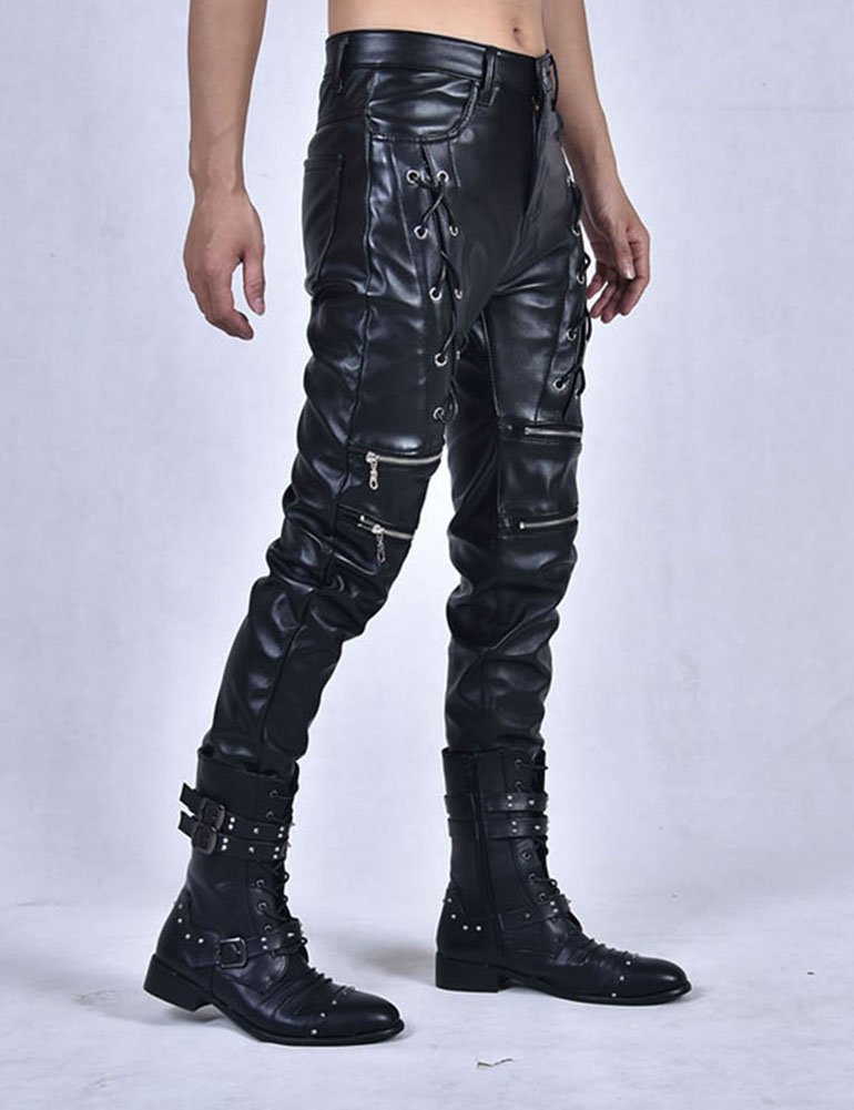 Idopy Pantaloni in su UP merlettano i Pantaloni Neri di Cuoio del Faux di Stile degli Uomini