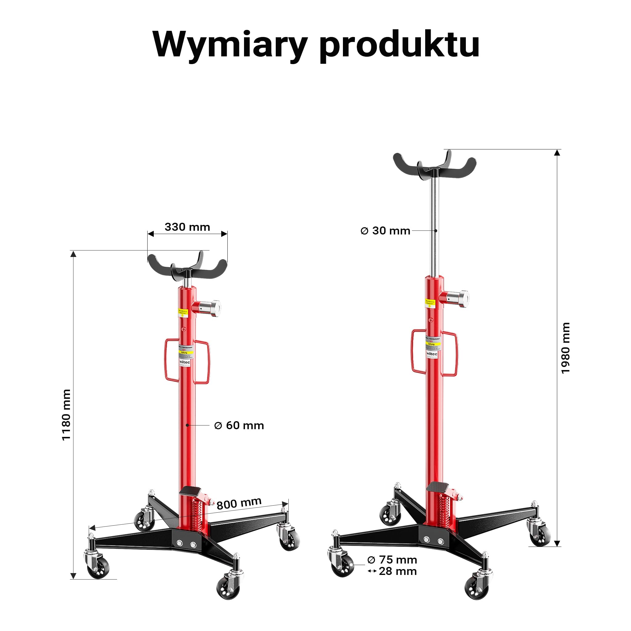 Wiltec Podnośnik do skrzyni biegów do 500 kg nośności i wysokości 110-195 cm, lewarek hydrauliczny z dociskaczem nożnym, 4 koła stalowe