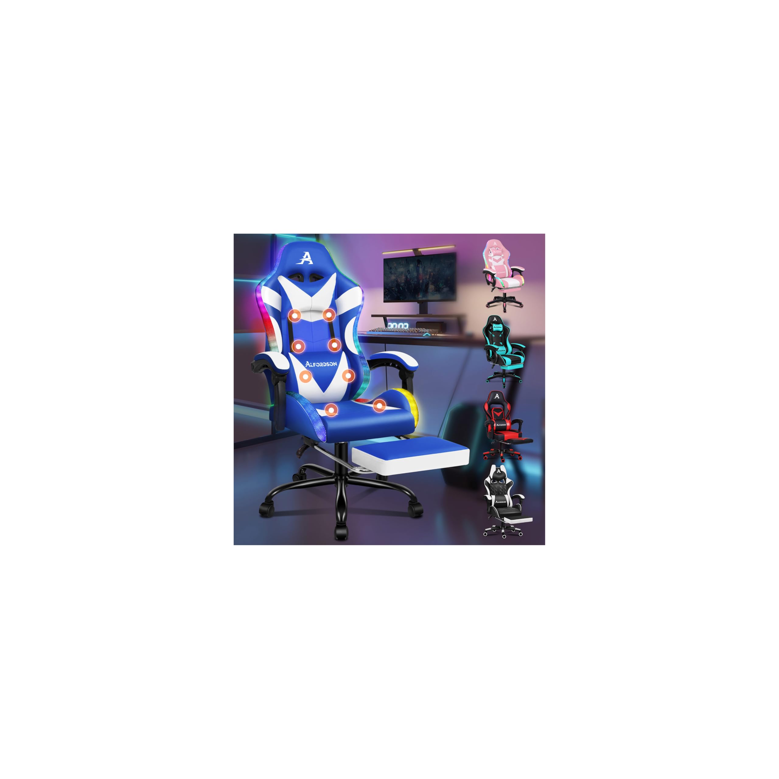 ALFORDSON Silla Gaming con masajeador y LED, Silla ejecutiva ergonómica de Oficina con reposapiés, Sillas Gamer para Oficina y Juegos con Iluminación RGB, Polipiel, Azul y Blanco