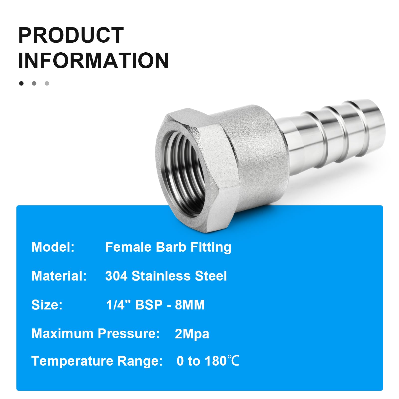 2 pezzi Raccordi a barbiglio in acciaio inossidabile 304, da barbiglio da 8 mm a filettatura femmina BSP da 1/4", raccordi a compressione industriali per tubi per acqua, carburante - 4