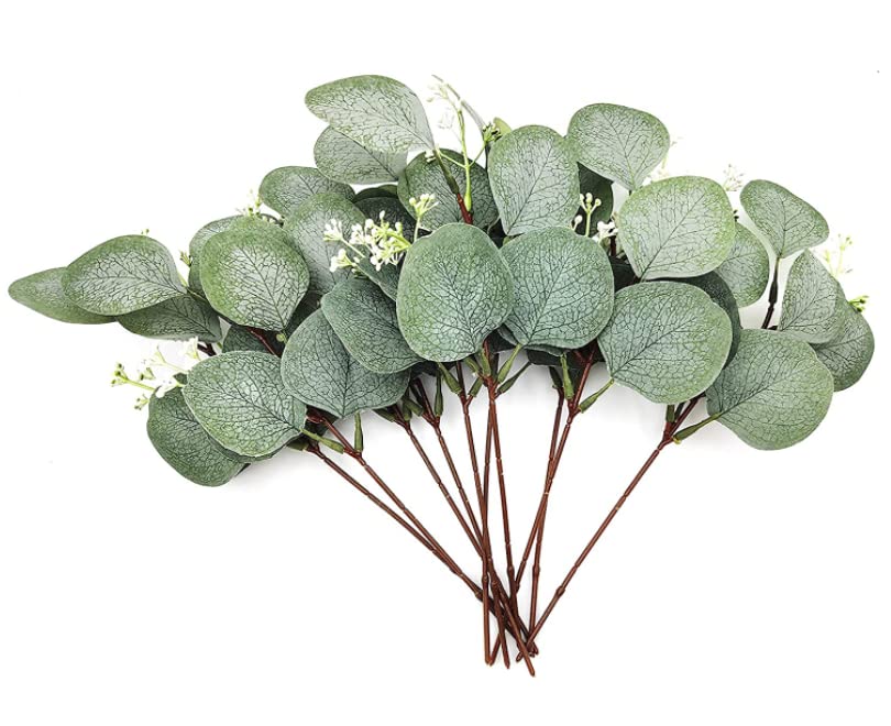 MMDBD 14 Pcs Eucalyptus Artificial Flowers, Eucalyptus Stem Leaves Branches, Plastic Decorative Faux Fake Green Eucalyptus Bouquets Foliage Plants for Wedding Garden Home Indoor Outdoor Decoration