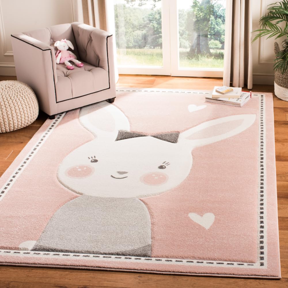 SAFAVIEH Carousel Kids Collection Accent Rug - 4' x 6', Pink & Ivory, Bunny Design, Non-Shedding & Easy Care, Ideal for High Traffic Areas for Boys &