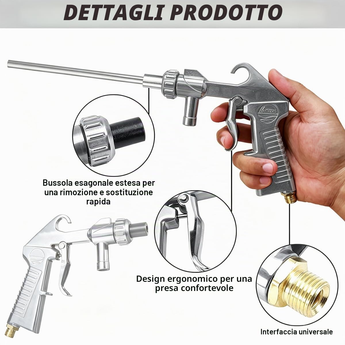 Kit di Pistola Sabbiatrice per Compressore, Pistola per Sabbiatura con Ugello Lungo per Sabbiatura e Ugelli in Metallo di Calibro 5MM/6MM, Tubo in Gomma e Collegamento all'aria per Sabbiatura