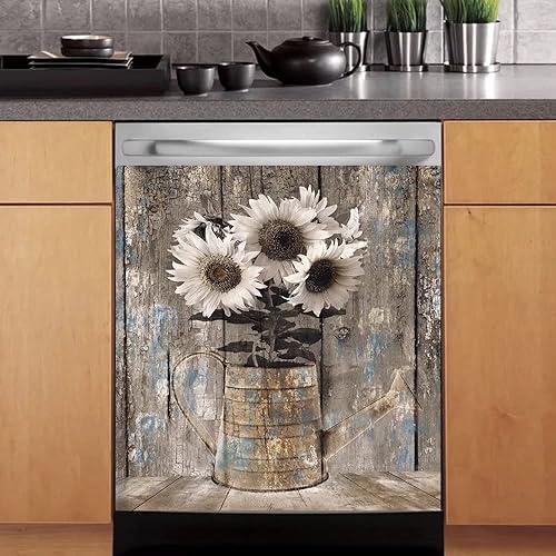 Cubierta magnética de madera vintage para lavavajillas para puerta delantera, imán de madera rústica para nevera, decoración de girasol, calcomanía