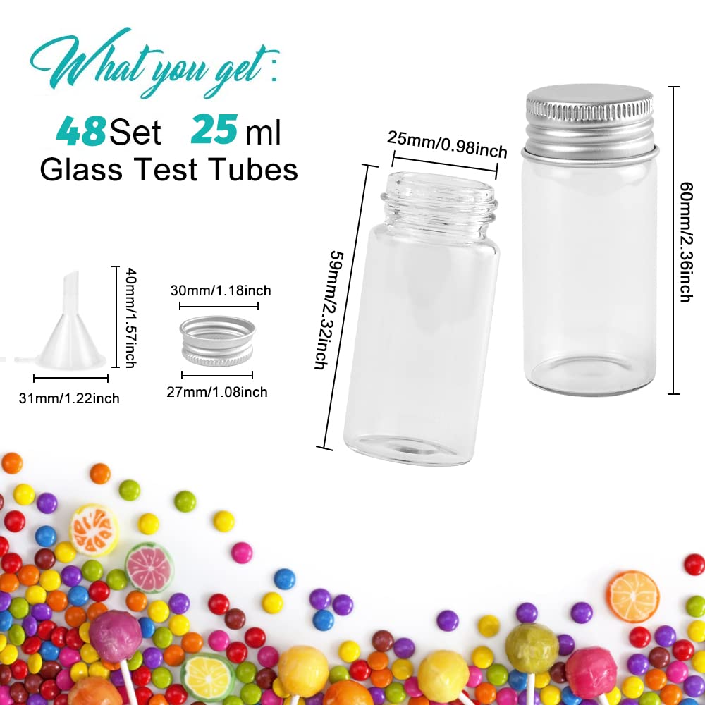REFORUNG 48 Pz Provette in Vetro con Tappo a Vite in Alluminio da 25ml Portaconfetti Provetta Trasparente Flaconi Sigillati di Vetro con Tappo a Vite per Feste,Spezie,Artigianato e Caramelle