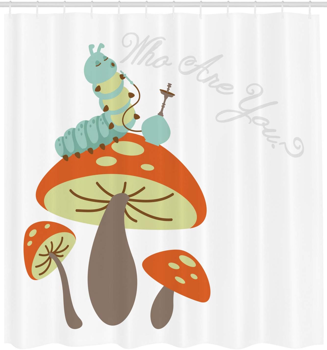 Ambesonne Alice in Wonderland Shower Curtain, Hookah Smoking Caterpillar Sitting on a Mushroom and Asking Who are You, Cloth Fabric Bathroom Decor Set with Hooks, 69" W x 70" L, Multicolor