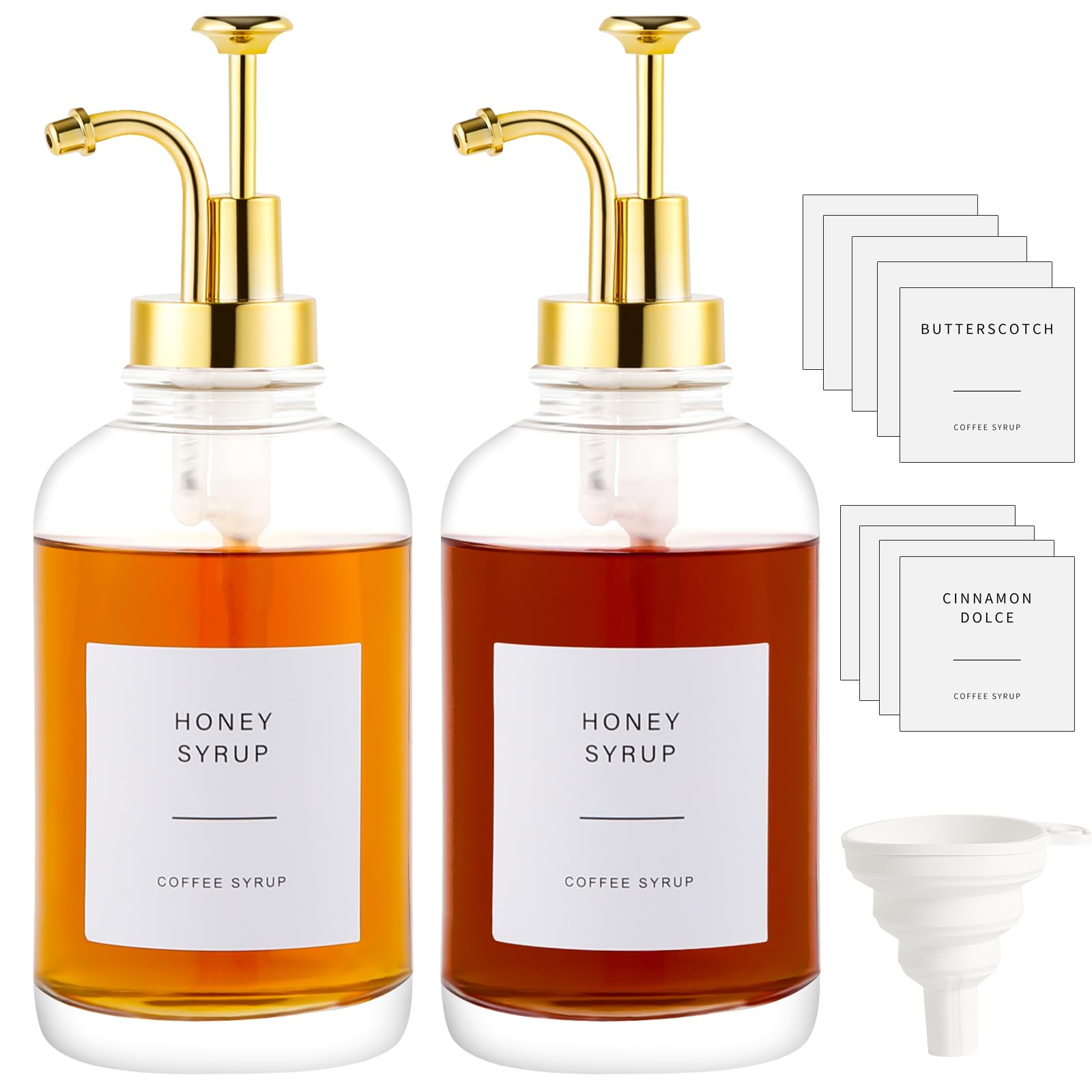 Juego de 2 Dispensadores de Jarabe de Café con 36 Etiquetas, Barra de Café con Dispensador de Bomba, Botellas de de Vidrio Minimalista, 500 ml (Oro)