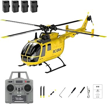 RC-ERA C180 BO-105 125 RC Helicopter Brushless Motor 2.4GHz Single-Rotor Aircraft with TOF LiDAR Altitude Hold and Optical Flow Positioning RTF for Hobbyists Yellow/4 Battery