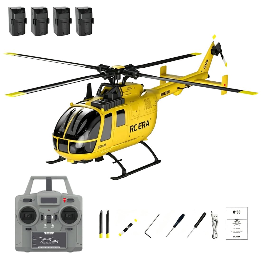 C180 BO105 6CH Remote Control Helicopter, 1:25 Scale 2.4G 6-Axis Gyro Brushless Motor RC Helicopter with Barometric + TOF Radar Dual Altitude Hold & Optical Flow Positioning - Yellow/4 Battery
