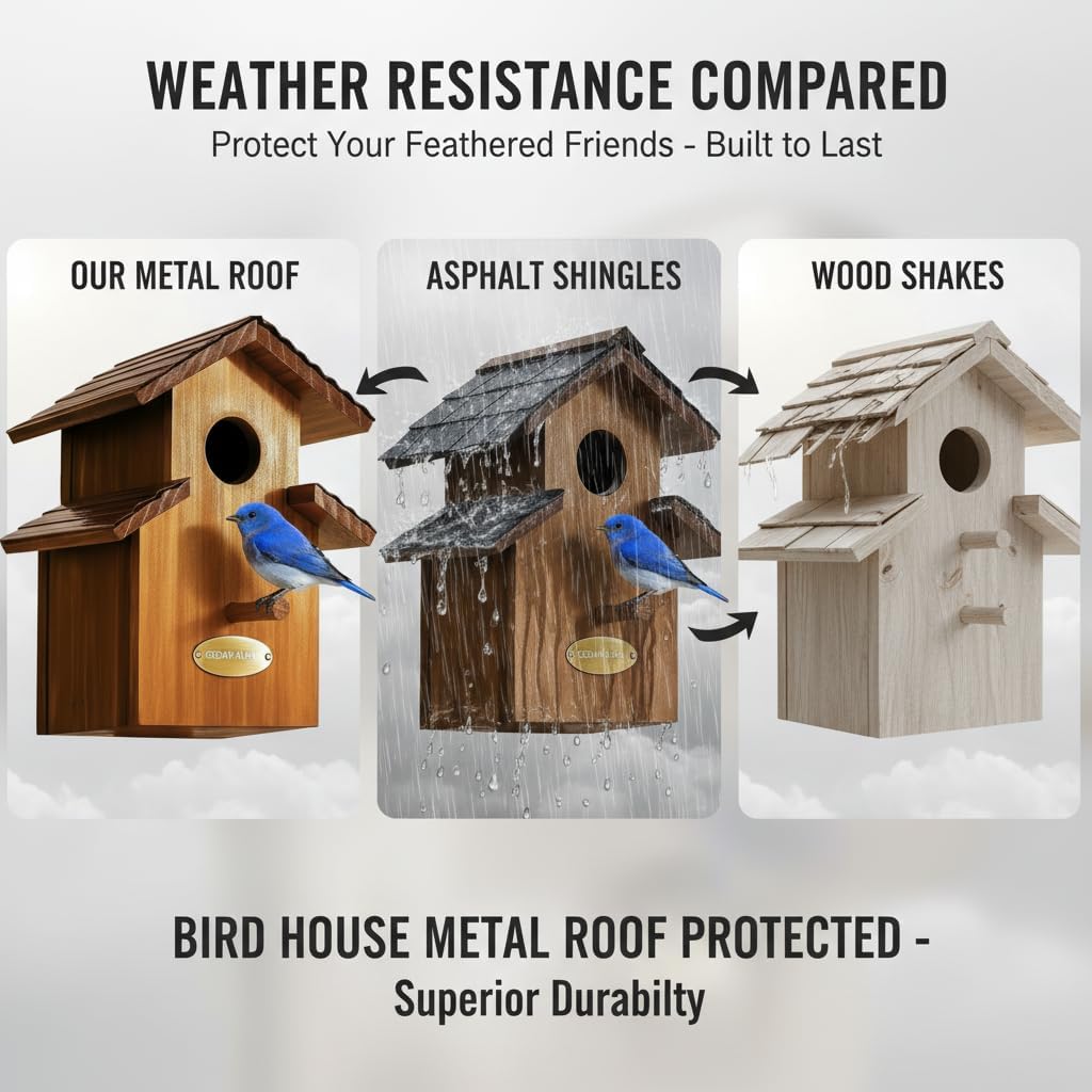 Water Proof Bluebird House for Outside, 2 Layers Metal Roof Water Proof, Outdoor Lifetime Durability Solid Cedar Wood Bird House for Pole, Secure Latch, Updated 1.5" Hole Size (Comfy Mansion)