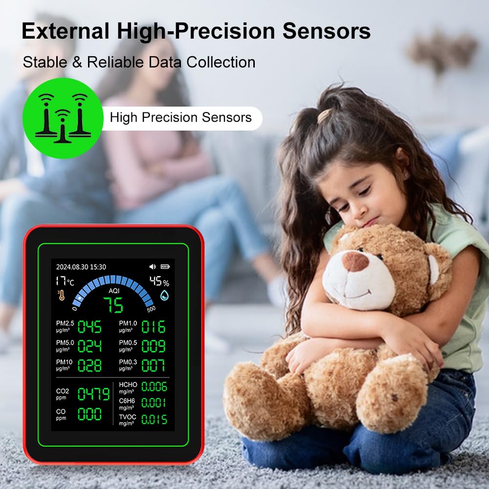 Gugxiom Probador de Calidad del Aire Interior, 18 en 1, CO2, TVOC, HCHO, PM2.5, PM10, Detección de Temperatura y Humedad, Almacenamiento de Datos