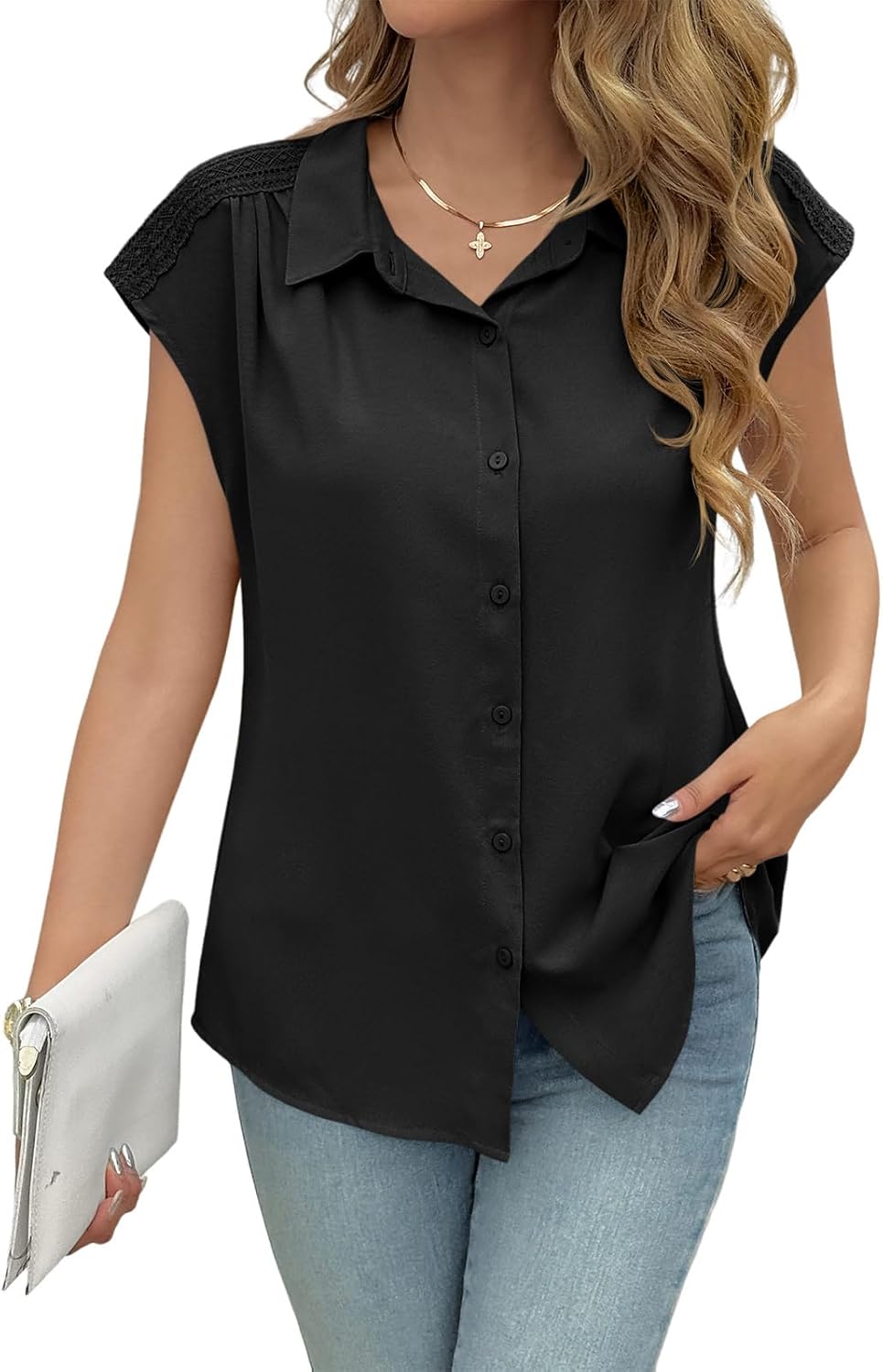 Yousify Womens Dressy Casual Tops Business Work Blouses Button Down Shirts Cap Sleeve V Neck Tshirt - Image 3