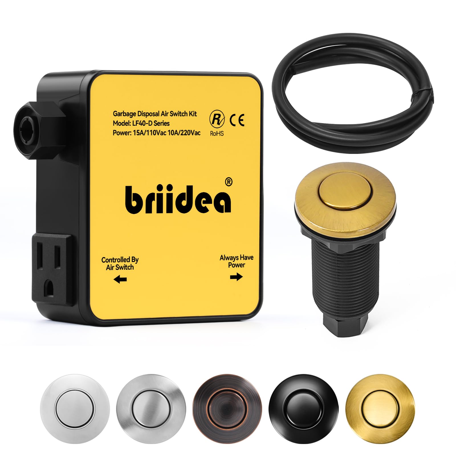 Briidea, kit d'interrupteur d'air à double sortie pour évier en acier inoxydable doré brossé bouton marche/arrêt pour déchets alimentaires et déchets