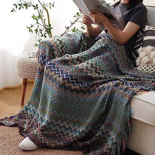 Battilo Home Boho Throw Blanket For Couch, Teal Knit Blanket For Bed Sofa, Lightweight Bohemian Throw With Tassel, Soft Cozy Throw Blankets,50"×60"(Blue) #TOP4