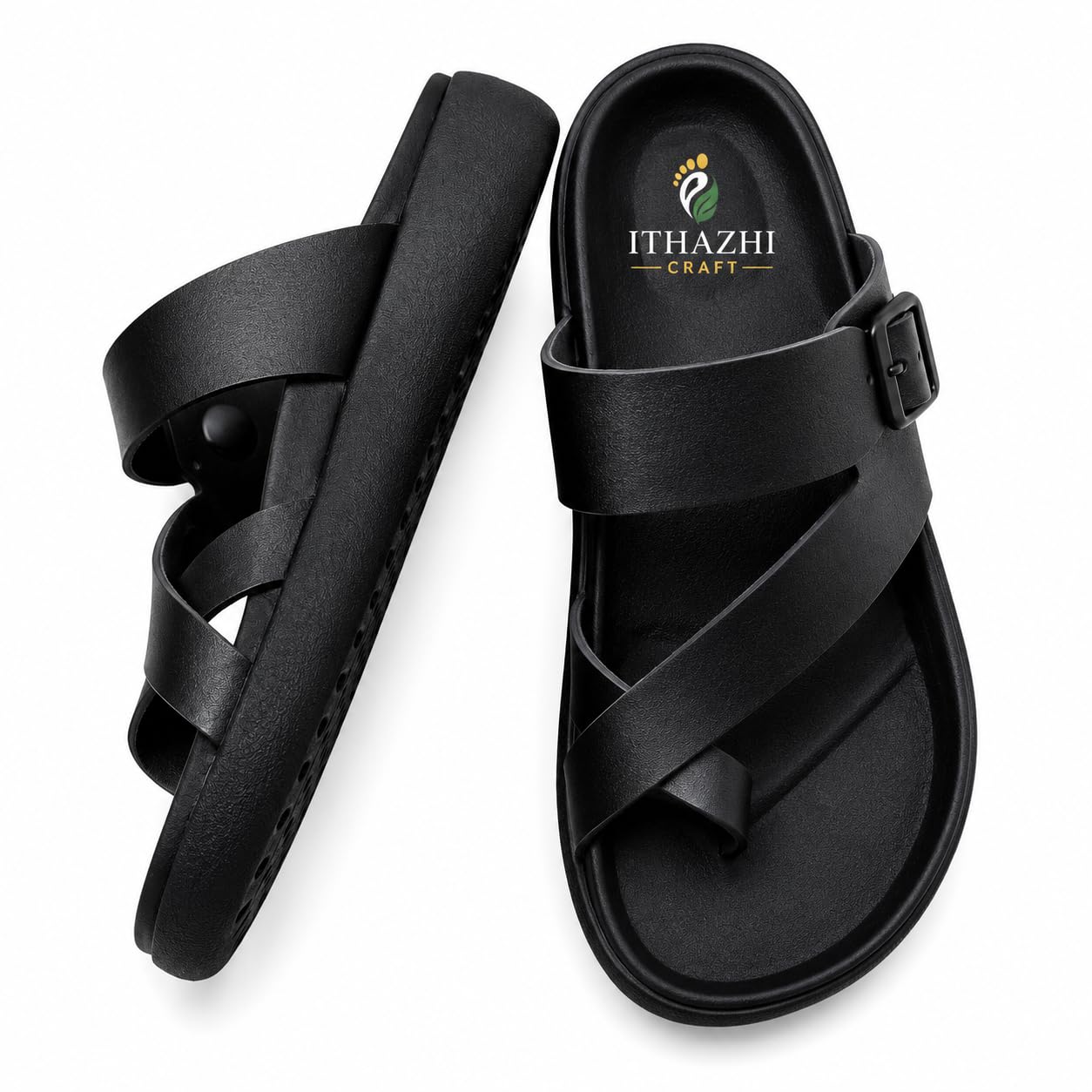 Black Cross-Strap Slide Sandals with Buckle, Platform Sole-image-38