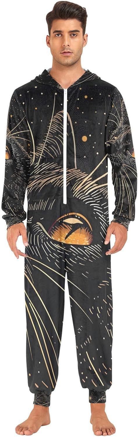Starry Cat Black Unisex Adult Onesie Pajamas Comfy One Piece Costume Jumpsuits Novelty Sleepwear Homewear for Men Women