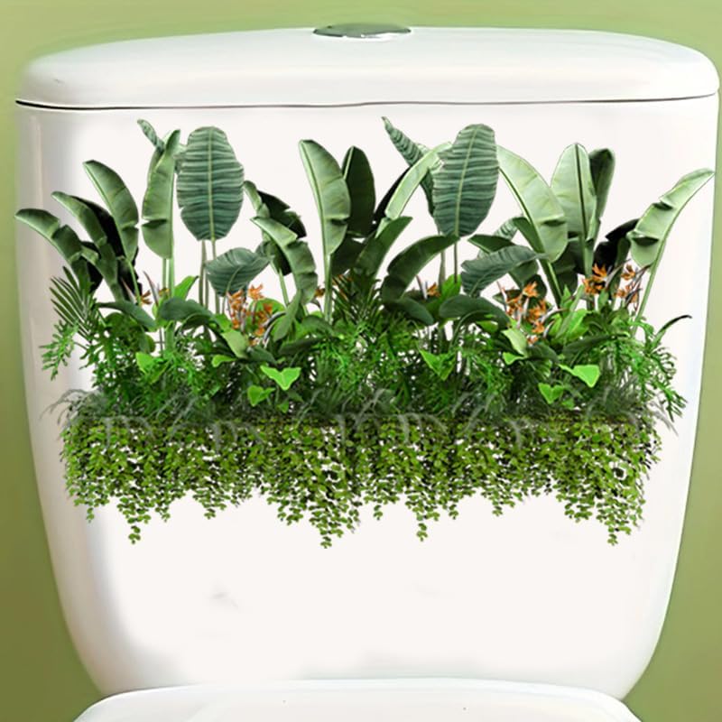 Green Plants Flowers Toilet Cover Sticker Decals,Fish Bird Flower Leaf Waterproof Toilet Lid Tank Seat Decals Cistern Self-Adhesive Bathroom Wall Sticker
