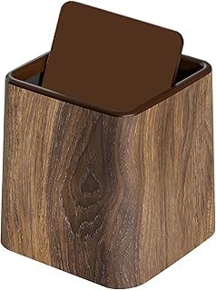 Tiny Desktop Trash Bin - 14.7x14.7x15.3cm Imitation Wood Grain Small Trash Can with Swing Lid, Desk Compact Cosmetic Bin, Retro Wastebasket, for Desk Offices Bathroom Coffee Bar Tabletop