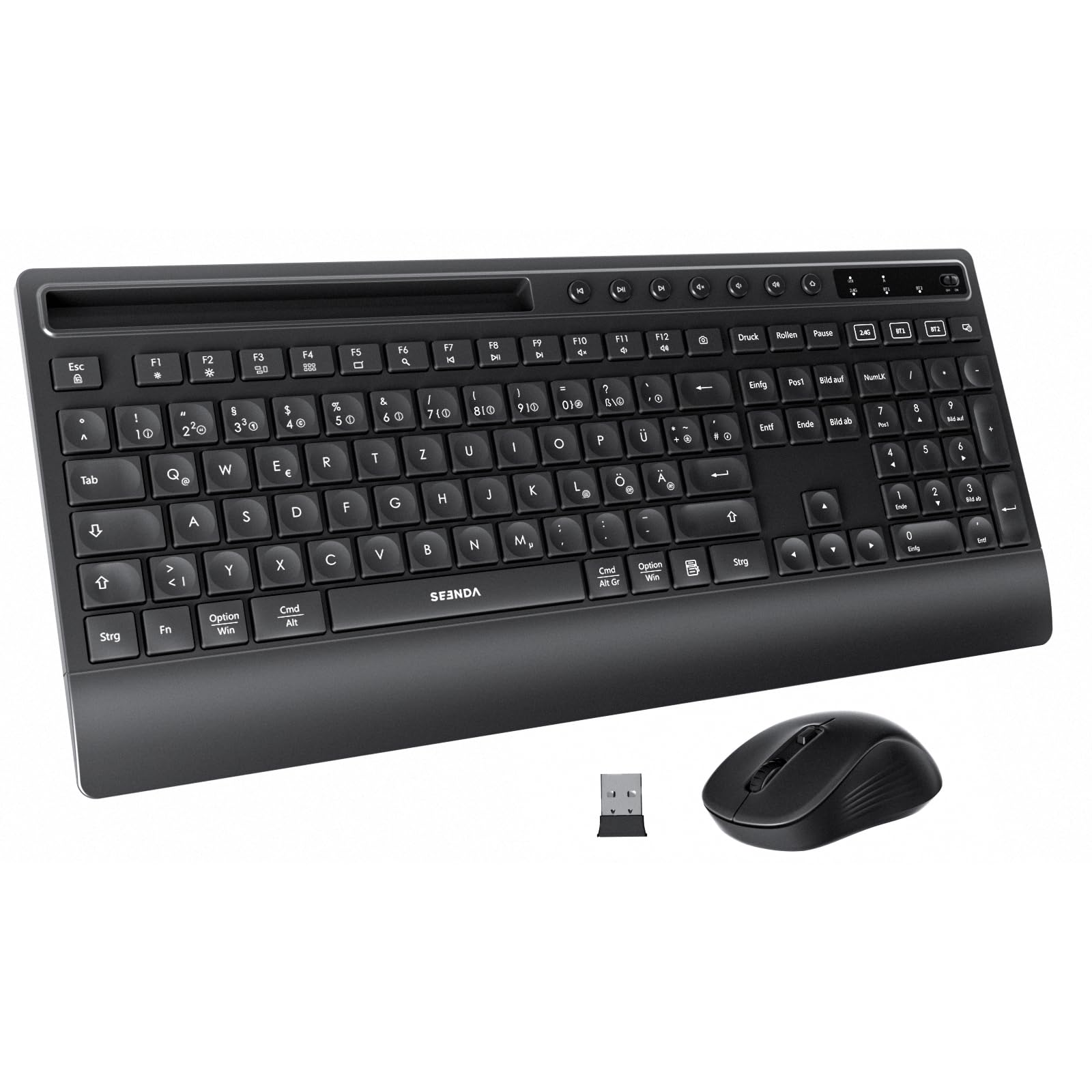 seenda COE201 Tastatur Maus Set Kabellos, Bluetooth Tastatur mit Maus Ergonomisch 3 Geräte Verbindung für Windows/Mac/iPad/Android |Leise Funkmaus, QWERTZ Layout