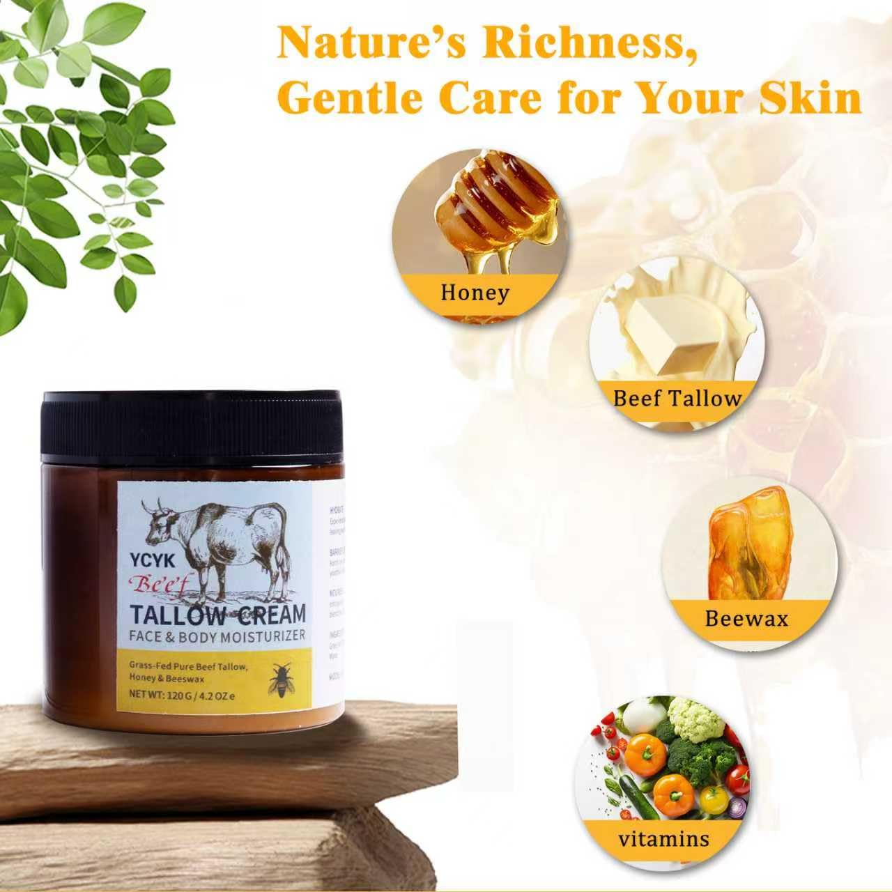 Beef Tallow for Skin,Grass-Fed Beef Tallow & Honey Balm,Deeply Hydrating Face & Body Cream with Natural Beeswax,Repairing Moisturizer for All Skin Types,Face Creams120g/4.2oz(Honey Scent)