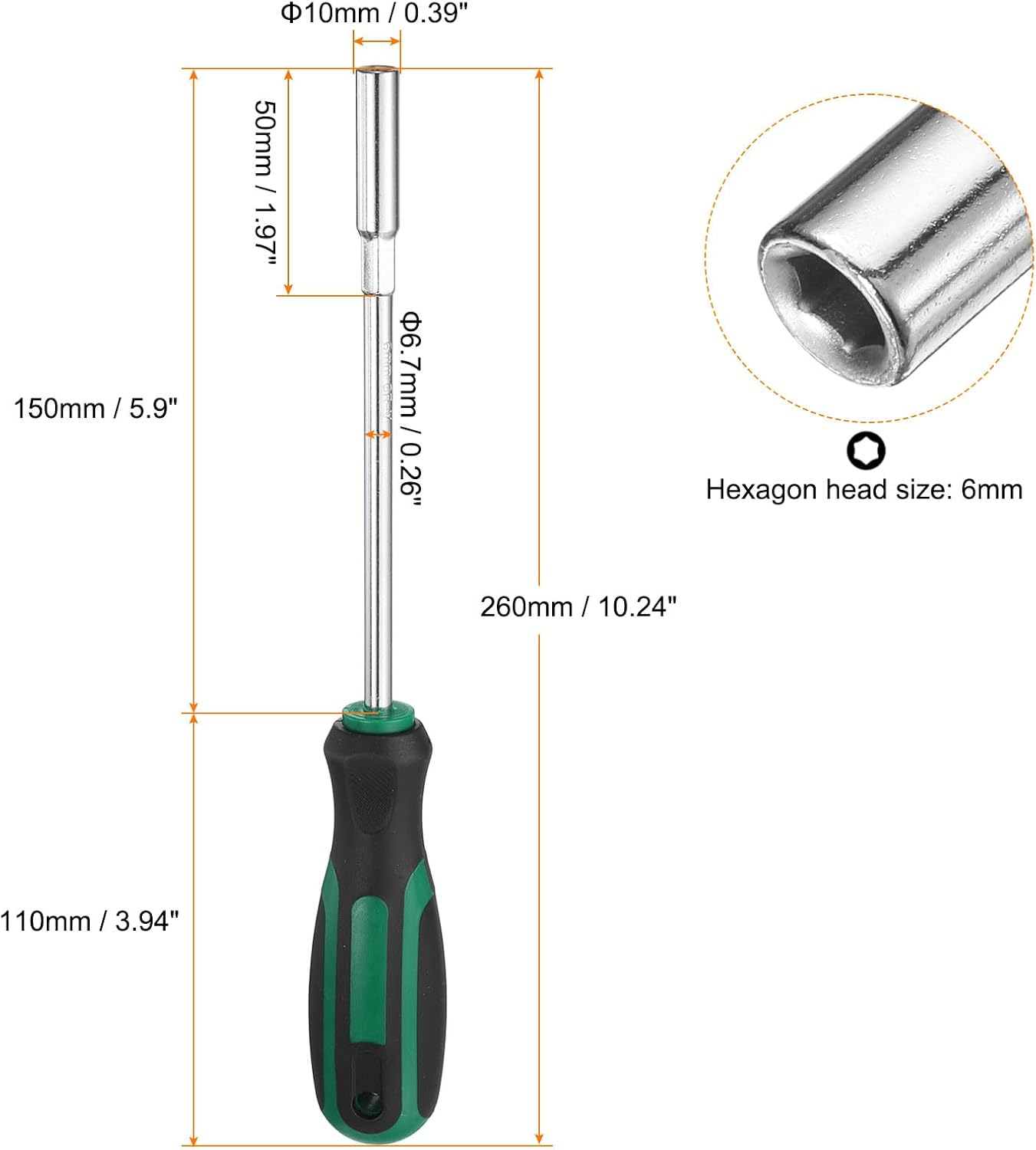 HARFINGTON Metric Nut Driver 6mm Dia 150mm Round Shank CR-V 6 Point Hex Hexagon Socket Wrench Screwdriver with Non-Slip Handle for Tightening and Loosening Fasteners