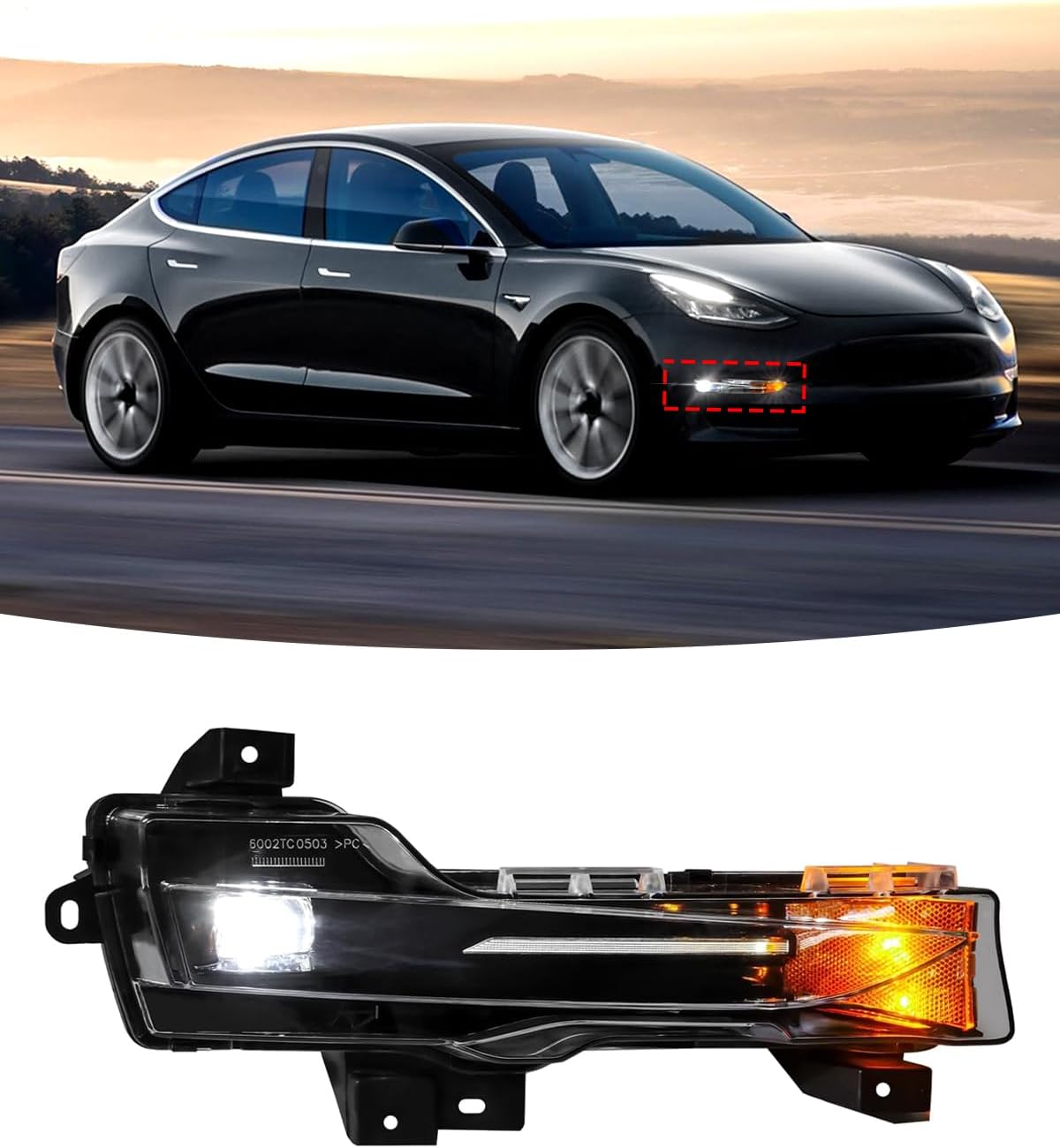 Front Fog Lights, Model y Daytime Running Light Led Drive & Passenger Side Fog Light Compatible with Tesla Model 3 17-23 and Model y 19-24 OE 1077391-00-E, 1077391-00-F (Passenger side/right side)