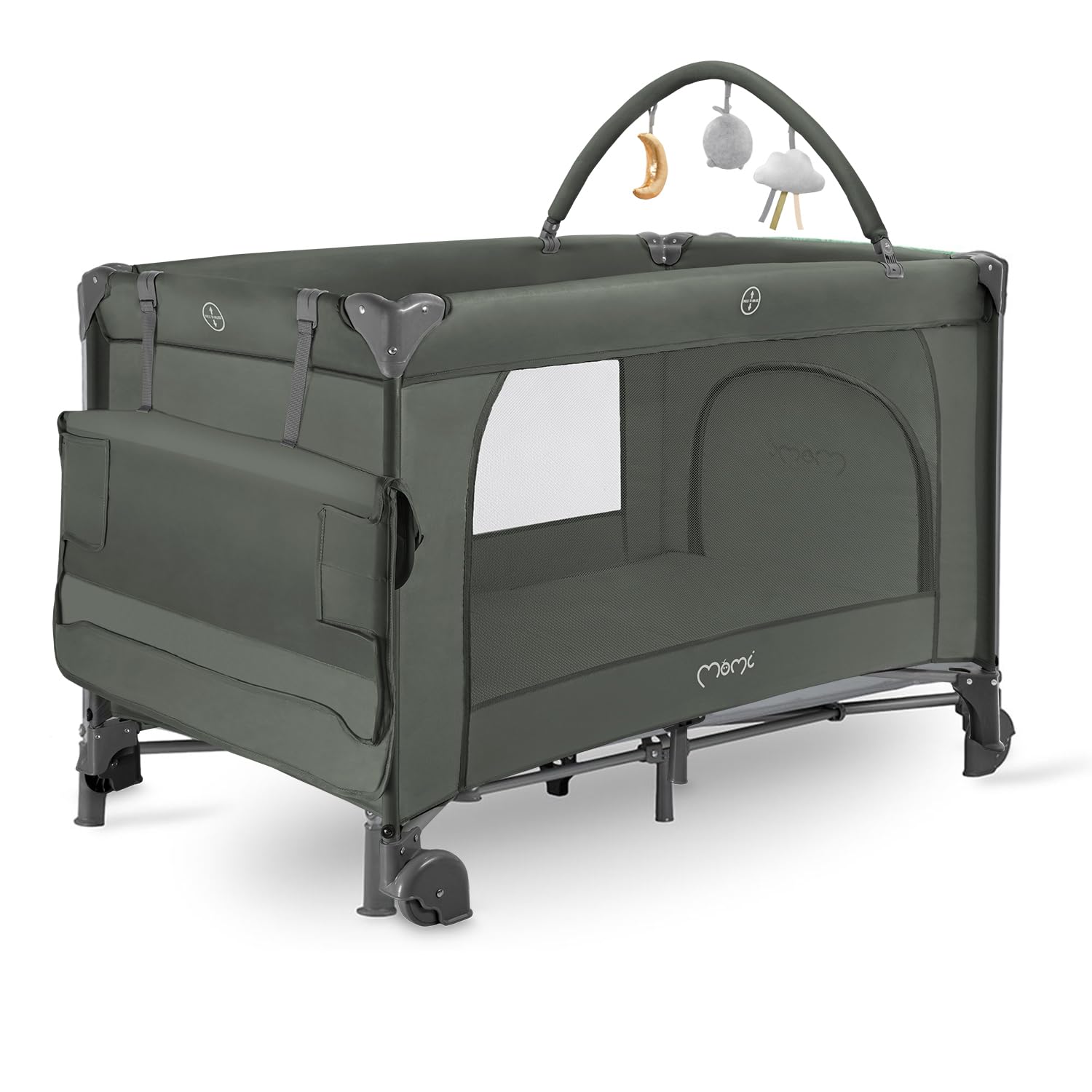 Momi BELOVE Plus 2 w 1, składane łóżeczko podróżne, 2 w 1, dla niemowląt do 9 kg i dzieci do 15 kg, z materacem, drążkiem z zabawkami, przewijakami i torbą transportową