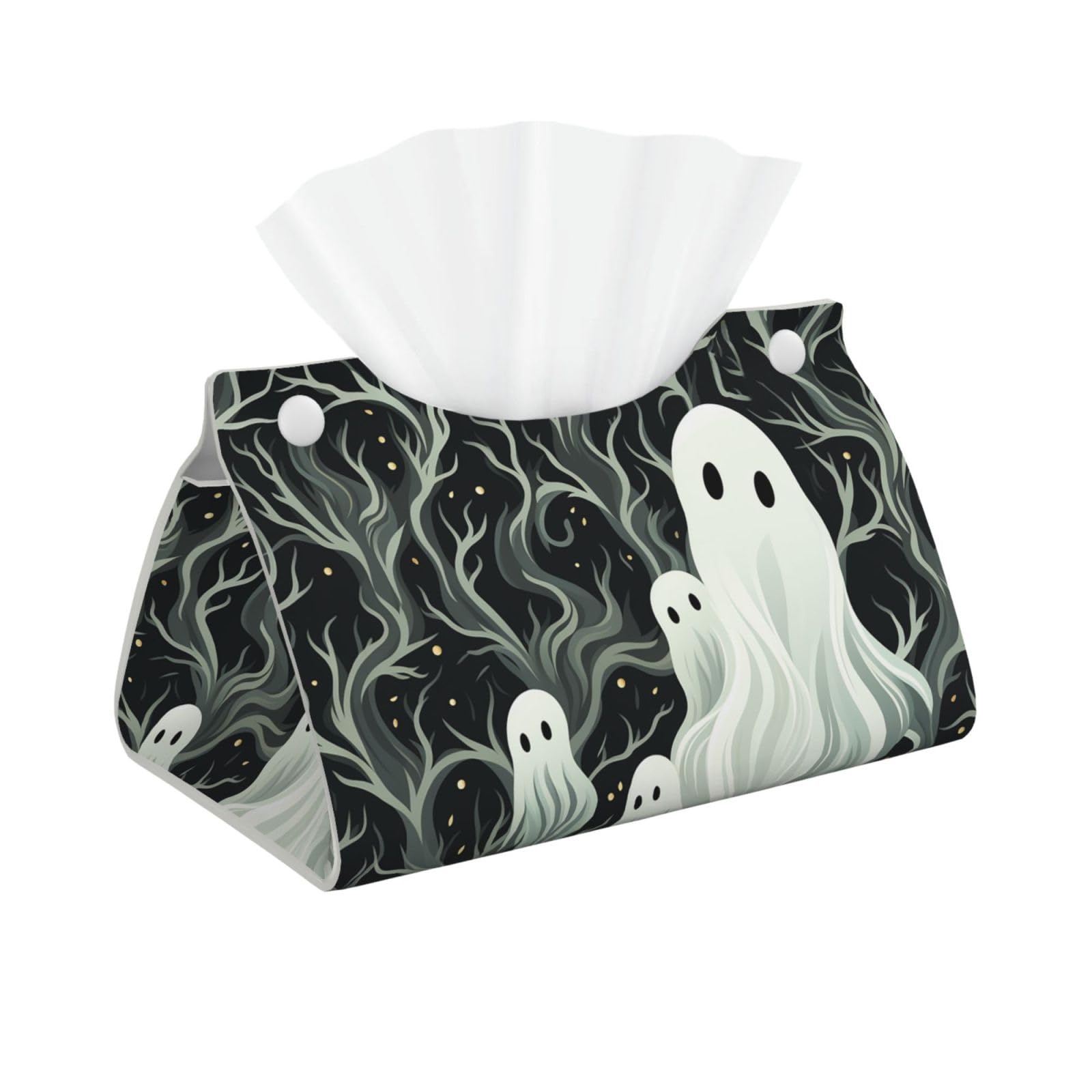 Pu Leather Tissue Box Cover, White Patterned Ghost Rectangle Tissue Case Covers Decorative Tissue Box Holder Waterproof Tissue Holder Organizer for Bathroom Home Office