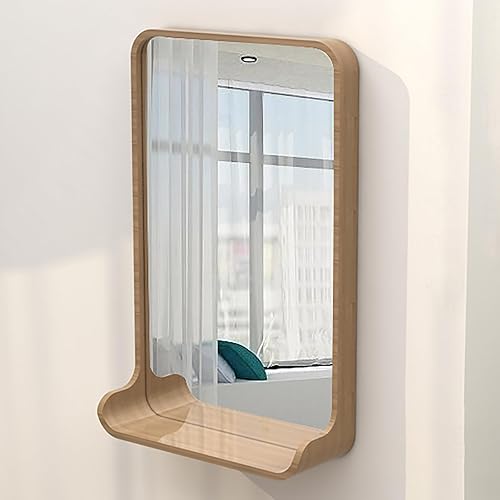 Round Corner Solid Wood Bathroom Mirror, Cosmetic Mirror With Shelf, Rectangular Wall Mirror, 55x35x12cm, European Style Decorative Mirror, High Definition, Explos(Size:55X35X12CM,Color:Wooden colour)