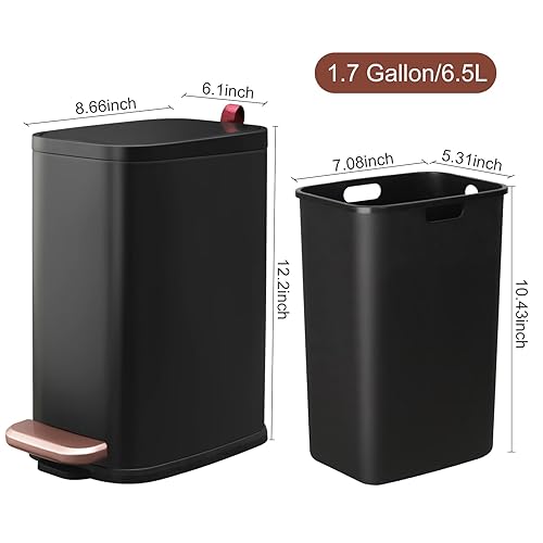 Miniatura 6 de Basurero de baño con tapa, pequeño cubo de basura de acero inoxidable de 1.7 galones, compacto de metal con pedal escalonado, cubo interior