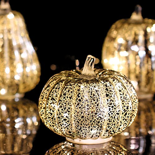 Image of Romingo Mercury Glass Pumpkin Light with Timer for Halloween Pumpkin Decorations Fall and Thanksgiving Decor,Silver, 5.5 inches