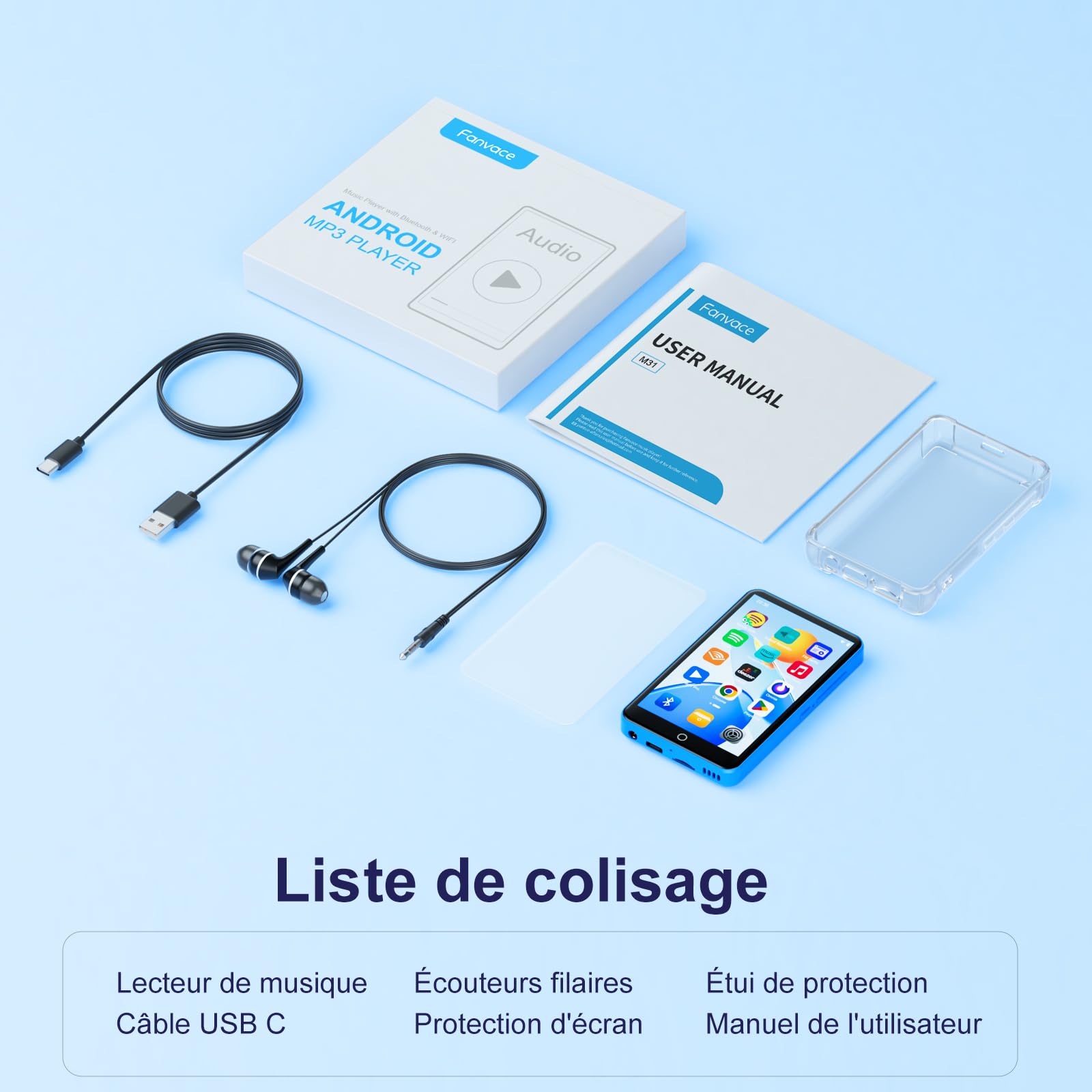 Lecteur MP3 16 Go avec Bluetooth et Wi-Fi, lecteur MP3 et MP4 Android avec écran tactile de 4 pouces et haut-parleur, lecteur de musique Spotify 2000 mAh avec Spotify Kids, Audible, Amazon
