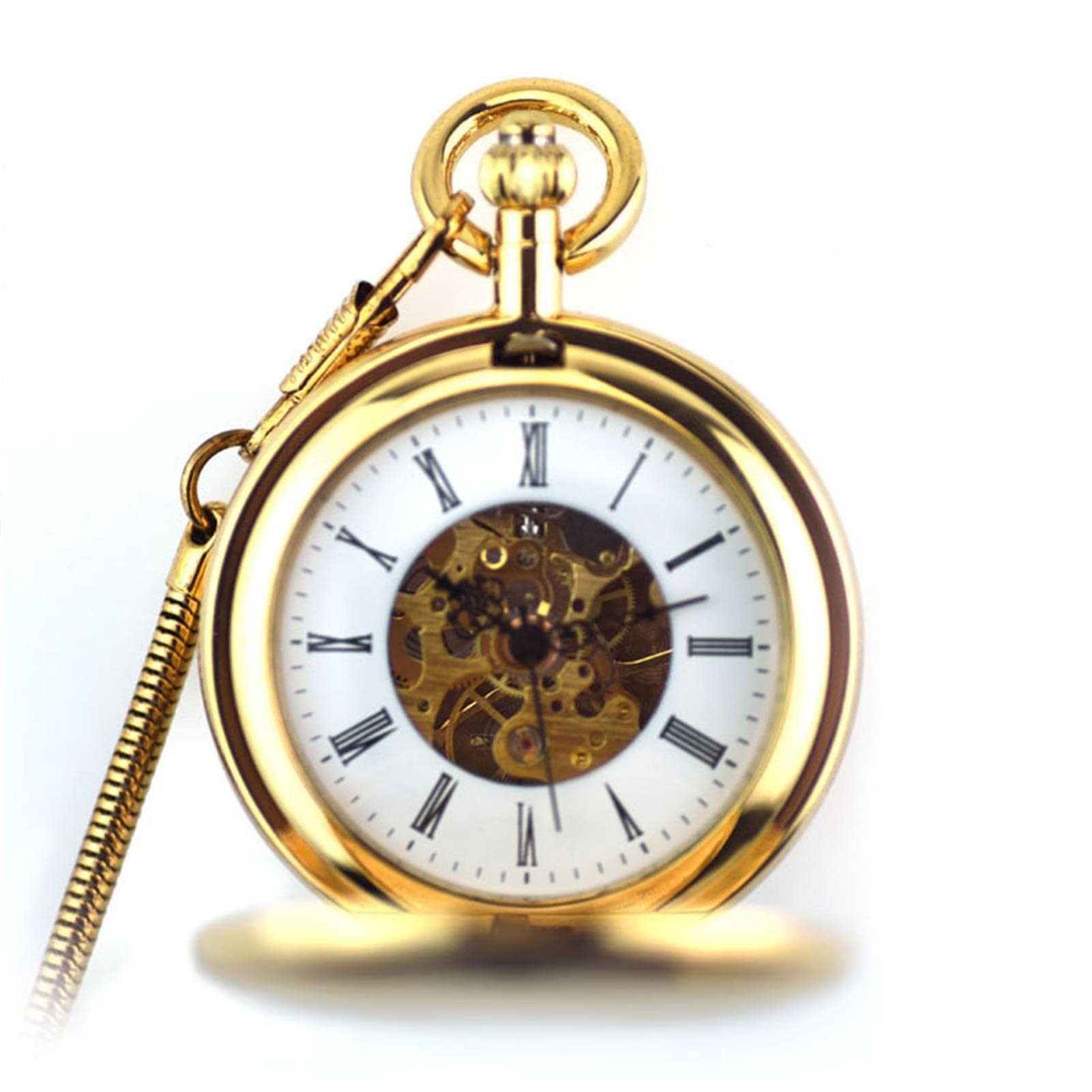 Relojes de Bolsillo, con Cadena Relojes mecánicos de Doble Cubierta Cobre Colgantes números Romanos Dorados en Caja