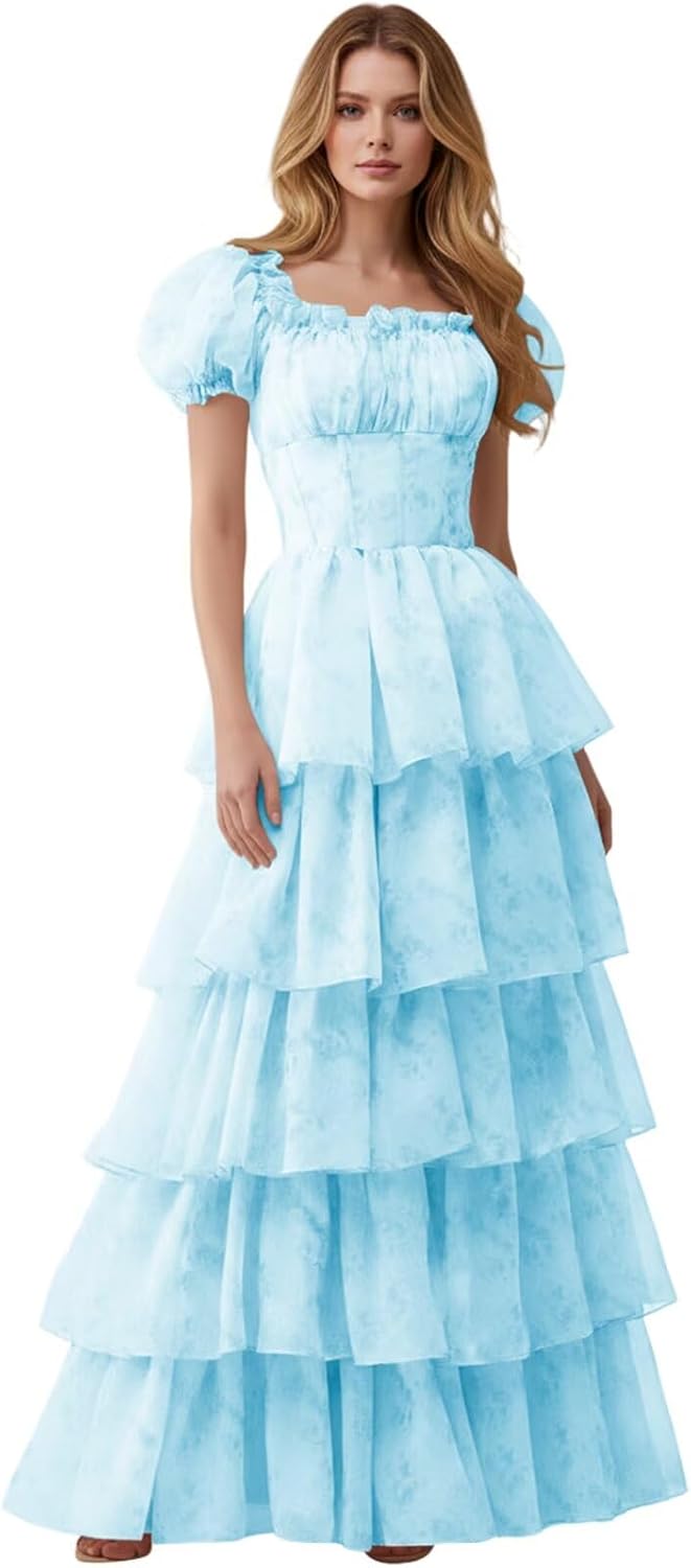 Women's 2026 Prom Dress Floral Tulle Tiered Puff Sleeve Corset Lace-Up Back Formal Evening Maxi Gown