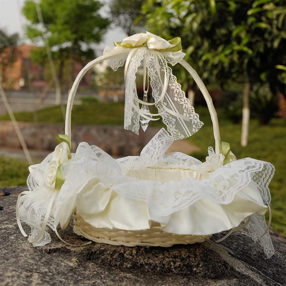 Amosfun Matrimonio Fiore Ragazza Cestino Pizzo Fiore di Rosa Cestino da Sposa per Cerimonia di Nozze Bomboniere Decorazione (Bianco Latte)