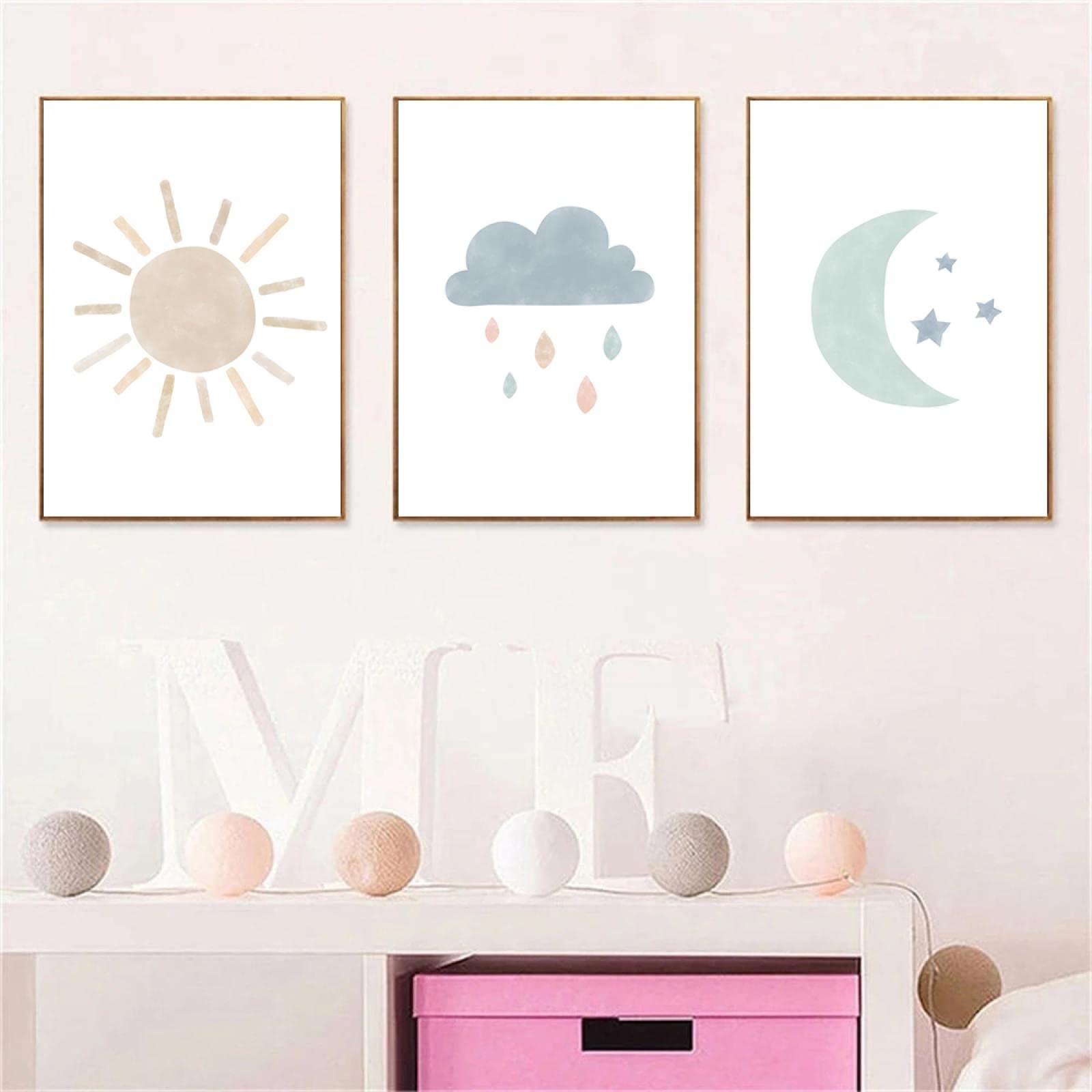 Star Moon Art Canvas Print Nursery Painting Sun Cloud Wall Art Poster Child Prints Nordic Wall Pictures Kids Baby Room Decor (20x30cm/7.8"x11.8")x3 Frameless