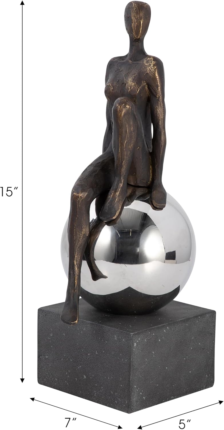 Abstract Sitting Sculpture Figurine for Home Decor - Resin and Stainless Steel Statue on Sphere for Shelf or Coffee Table Setup - Accent Piece for Living Room or Office Display - 15”, Gold & Metallic