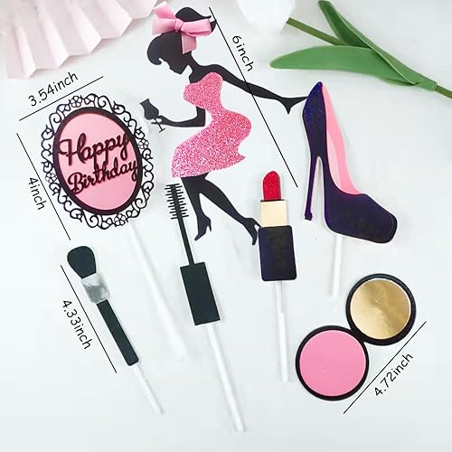 Miniatura 5 de Juego de 7 piezas de decoración de pastel de spa con purpurina para niñas, fiesta de feliz cumpleaños. Chica sentada, bebida de vino, espejo rosa,