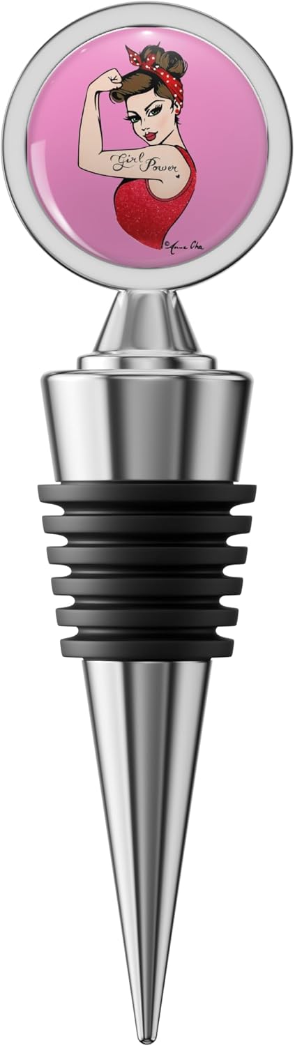 Girl Power by Anne Cha Modern Rosie the Riveter Stainless Steel Wine Stopper – Airtight Reusable Bottle Plug for Wine, Champagne, and Liquor Bottles