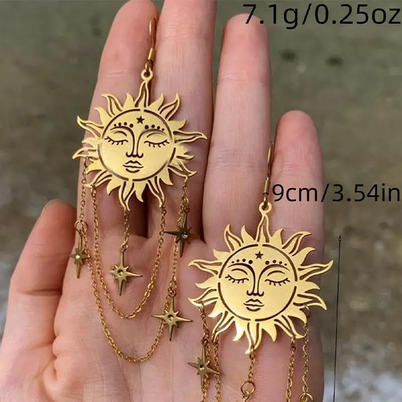 Gold Sun Moon Star Dangle Earrings for Women Bohemian Celestial Crescent Star Crystal Dangle Drop Earrings Vintage Sun Chain Tassel Earrings Gothic Halloween Christmas Party Jewelry - Image 4