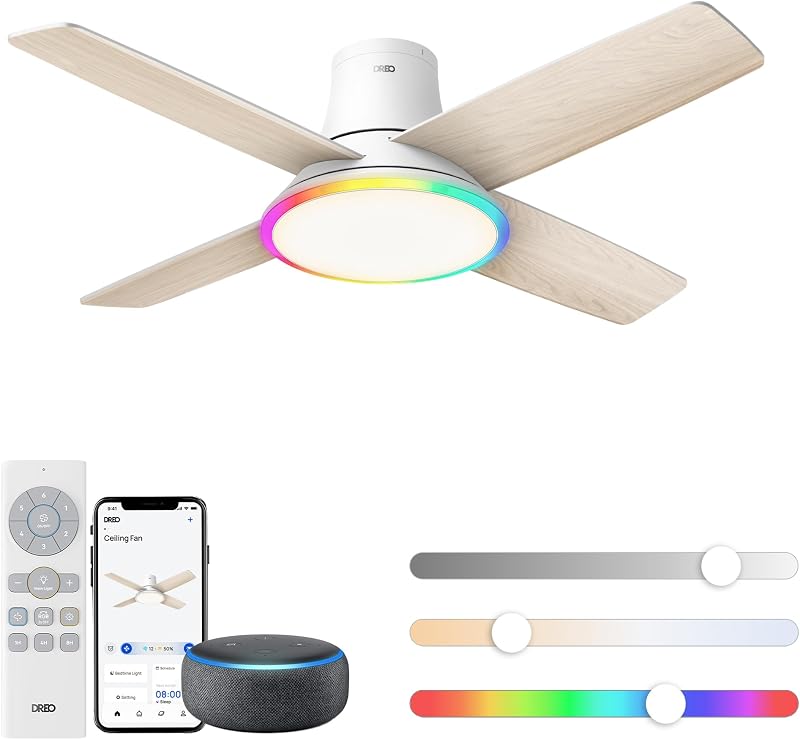 Ceiling Fans with Lights 44'', RGBIC Flush Mount Smart Ceiling Fan | Quiet DC Motor for Bedroom, 12 Speeds & 3 Fan Modes, Low Profile Easy Install, Dimmable LED, 12H Timer,App and Remote Control