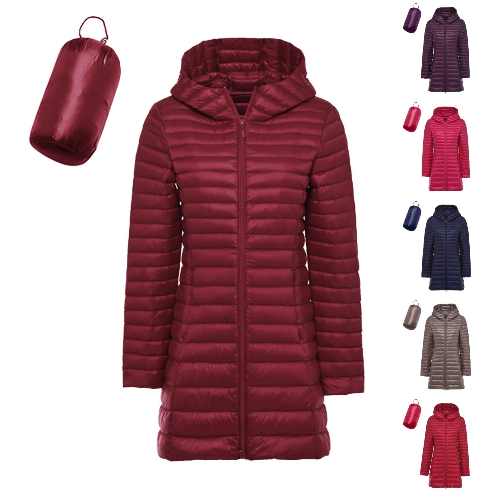 Generisch Piumino da donna leggero tinta unita piumino ultraleggero piumino lungo imballabile giacca trapuntata con cappuccio leggero cappotto funzionale giacca invernale largo cappotto piumino