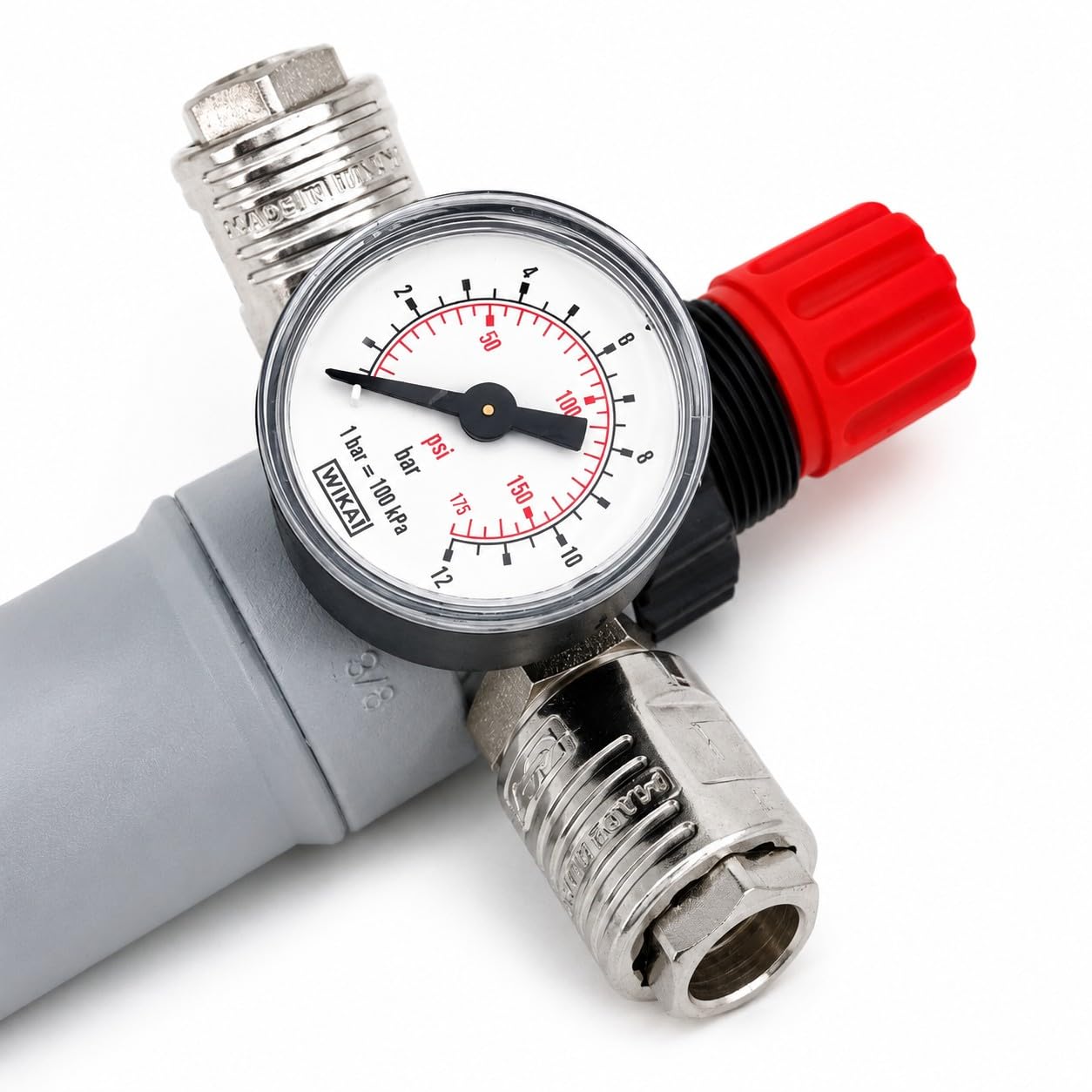 Regolatore di Pressione per Compressore con Filtro Aria Manometro 2 Uscite Universali Raccordo 3/8" Maschio 12 Bar 180 L/min