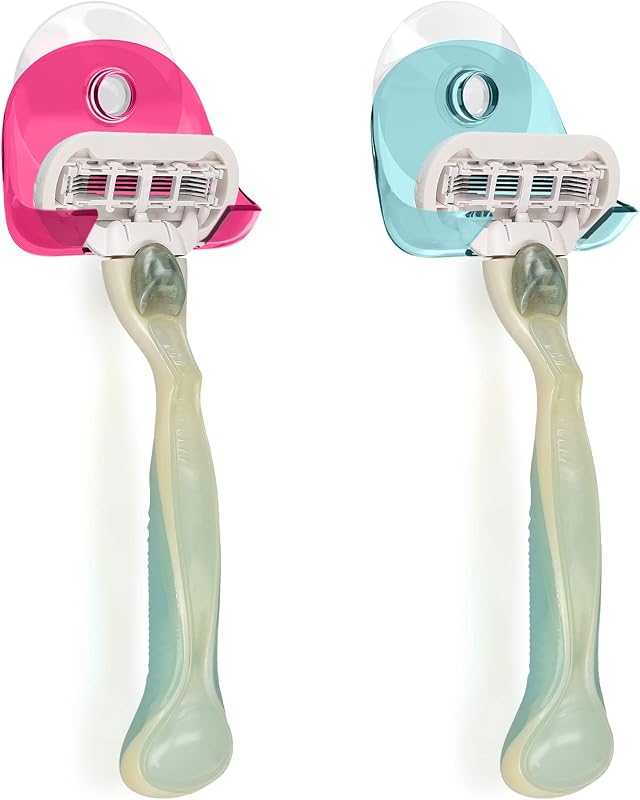 kwmobile Suporte para Aparelho de Barbear com Ventosa para Parede, 2 Unidades – Azul-claro, Rosa-escuro e Transparente