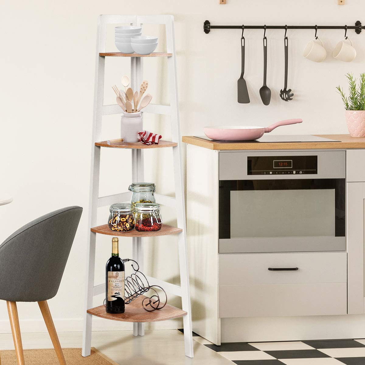 DREAMADE Etagère d’Angle, Bibliothèque d’Angle, Meuble d’Angle à 4 Niveaux en Bois avec Style Echelle pour Salon, Chambre, Salle de Bain, Bureau, Balcon 32 x 32 x 138CM Blanc