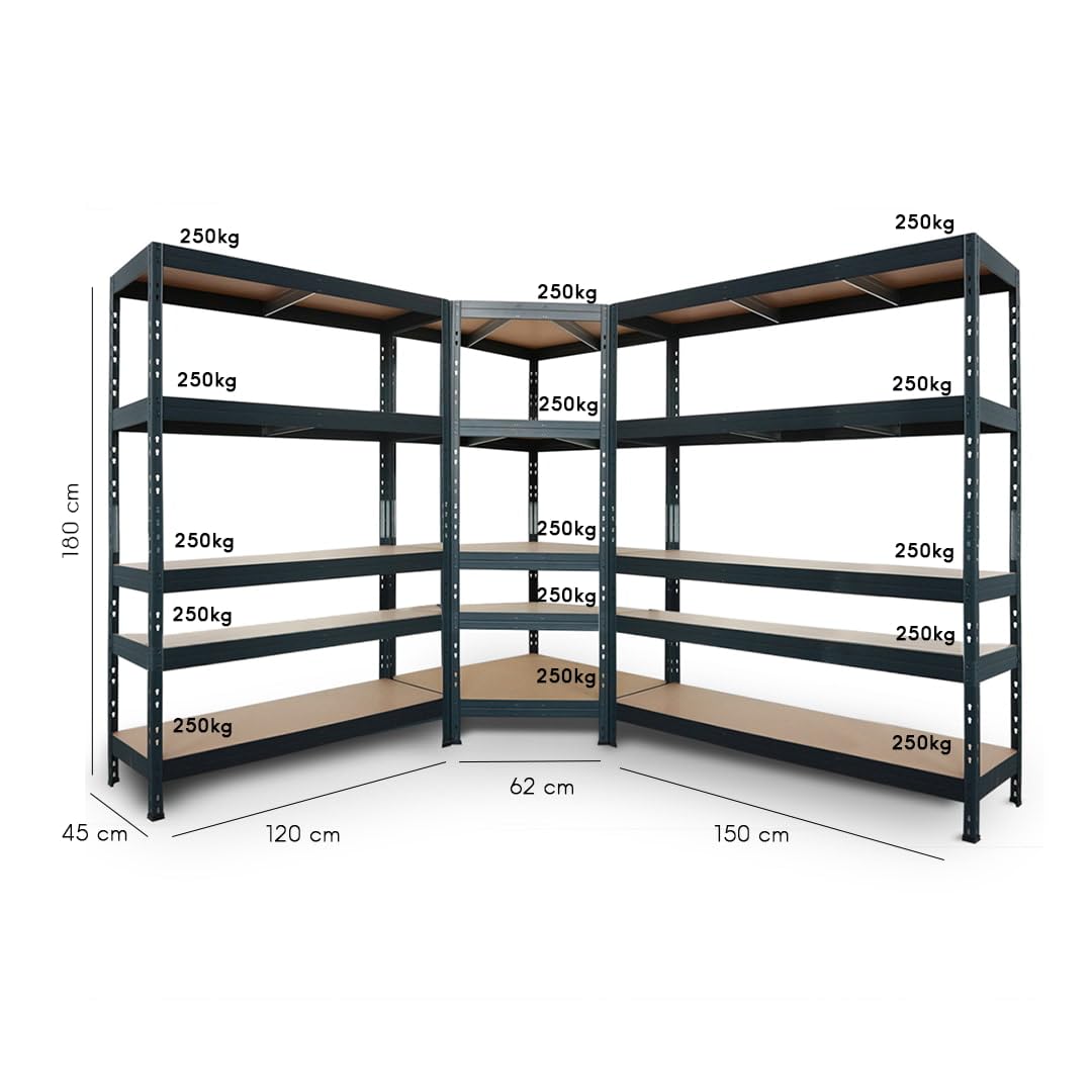 System regałowy: 1 regał narożny 180 x 90 x 45 x 64,5 cm + 2 regały wtykowe Rivet 180 x 120 x 45 cm i 180 x 150 x 45 cm, 5 półek z płyt HDF, 250 kg na półkę, kolor antracytowo-szary